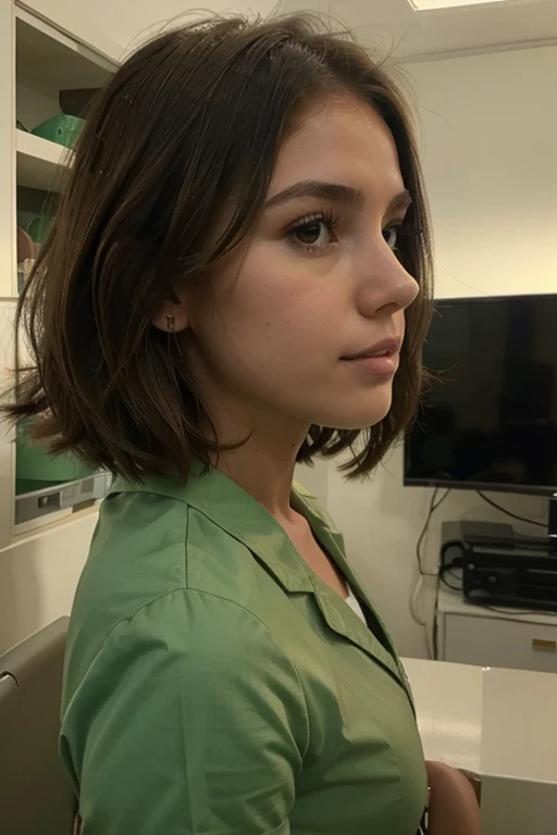 18 - 23 year old girl with short light brown hair, white-skinned Latina, aproximately 1.50 tall. green nurse uniform, the view tv is from the side angle approximately 3 meters