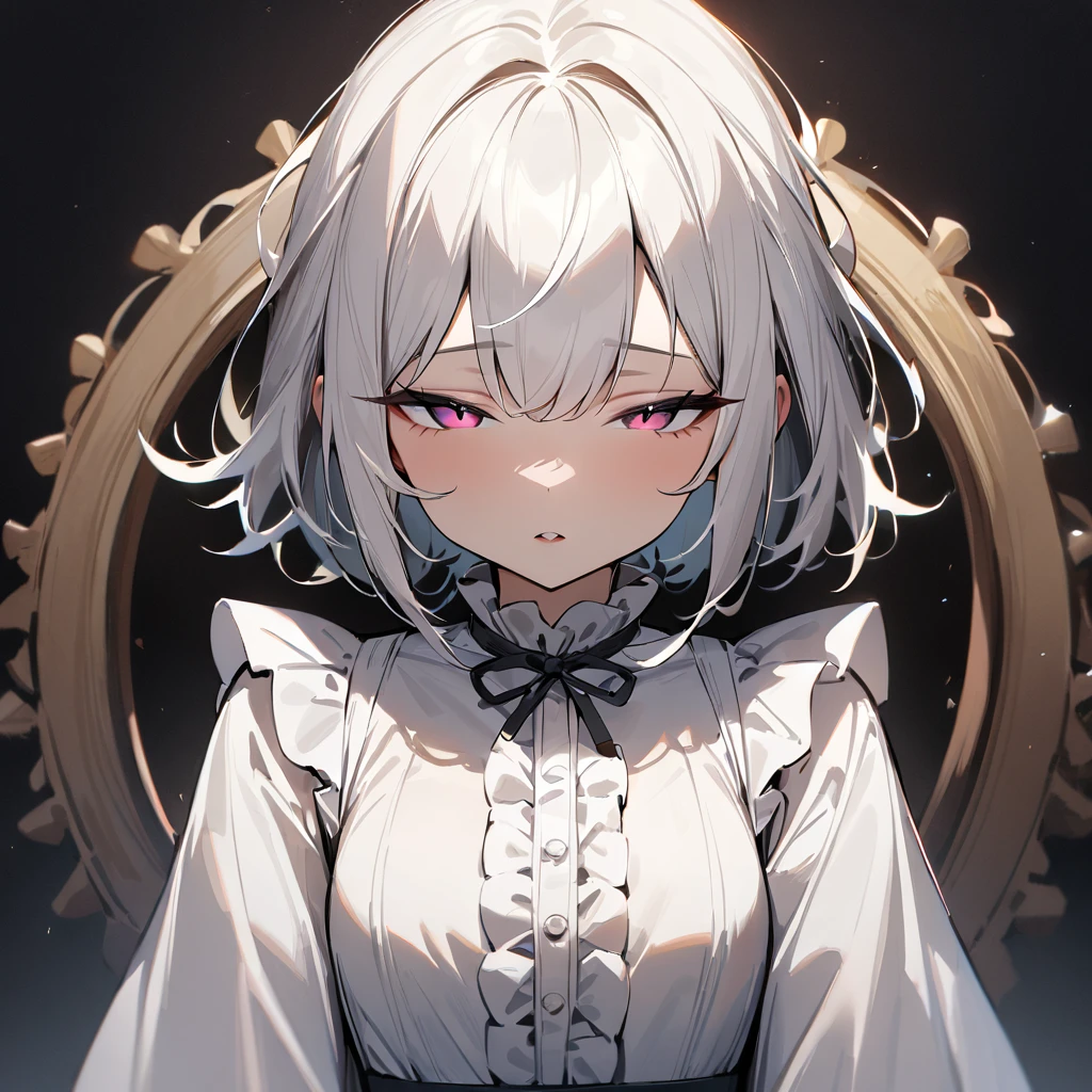 1girl,Slit pupil,masterpiece,best quality, very aesthetic,absurdres,highlight,center frills,medium shot,looking at viewer,half closed eyes,front view,Parted lips,kiss,straight-on,White hair,imminent kiss,