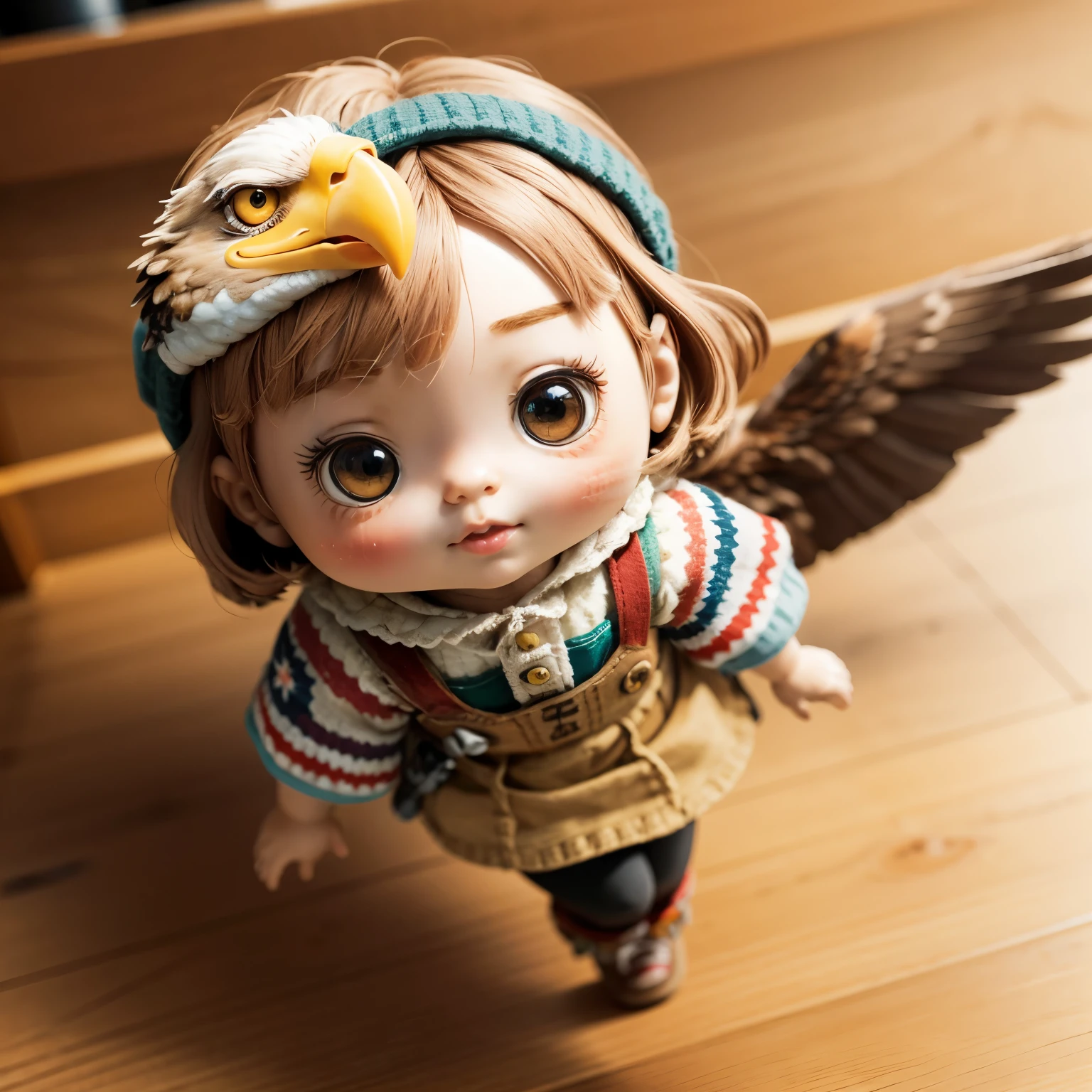 Photorealistic、Chibi Girl Doll（A  flying through the sky on the back of an eagle）