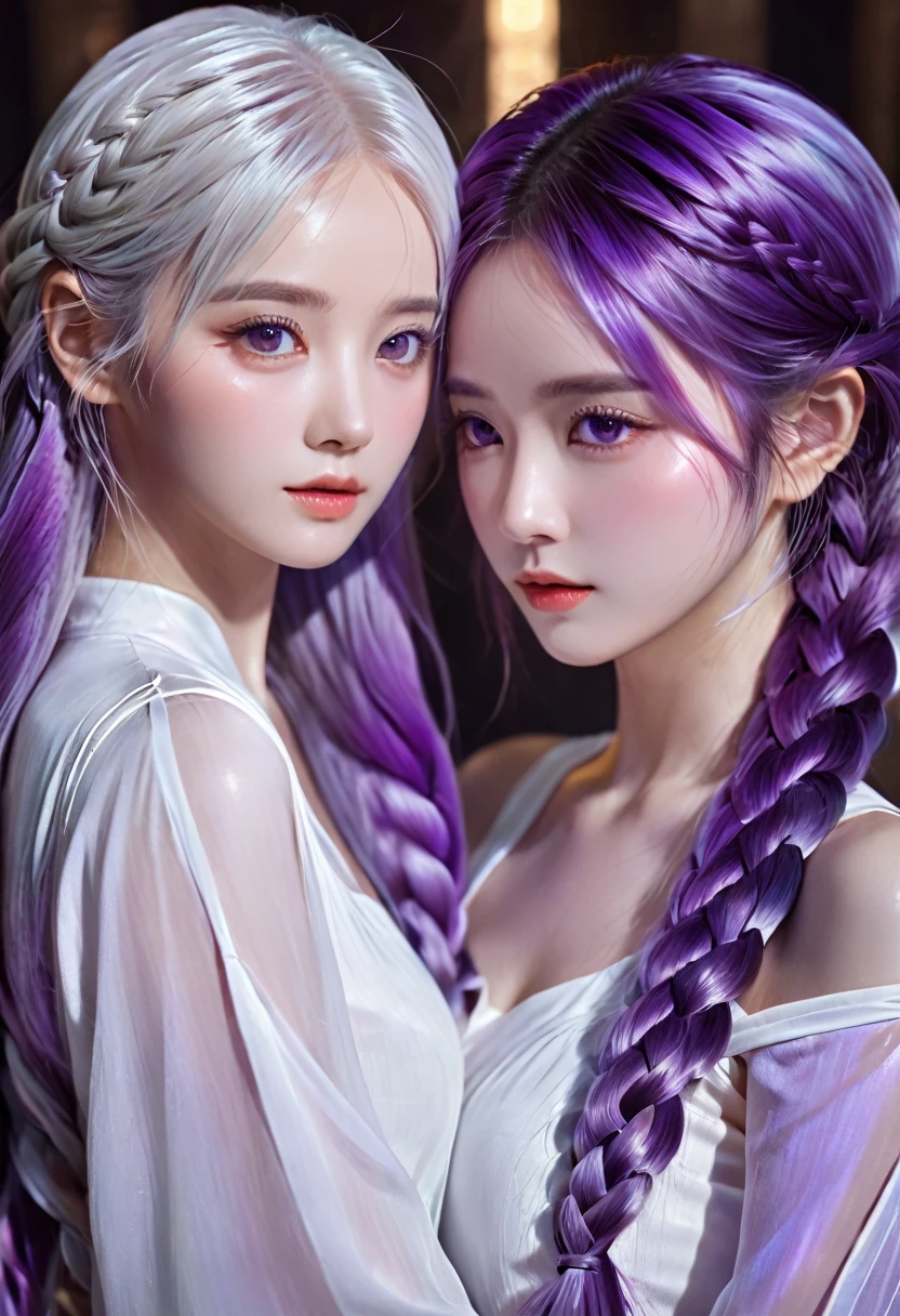 2 girls made of flowing liquid, yinji, purple hair, purple eyes, long hair, white hair, double braids, gradient hair, elegant, graceful, serene, mysterious, glowing skin, ethereal, atmospheric, (best quality,4k,8k,highres,masterpiece:1.2),ultra-detailed,(realistic,photorealistic,photo-realistic:1.37),HDR,studio lighting,extreme detail description,vibrant colors,dramatic lighting,cinematic