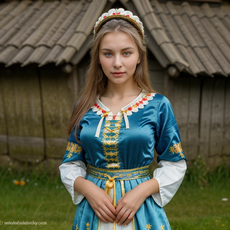 Beautiful woman, 26 years , Slovenian ethnicity, dressed in traditional clothing slavic style 