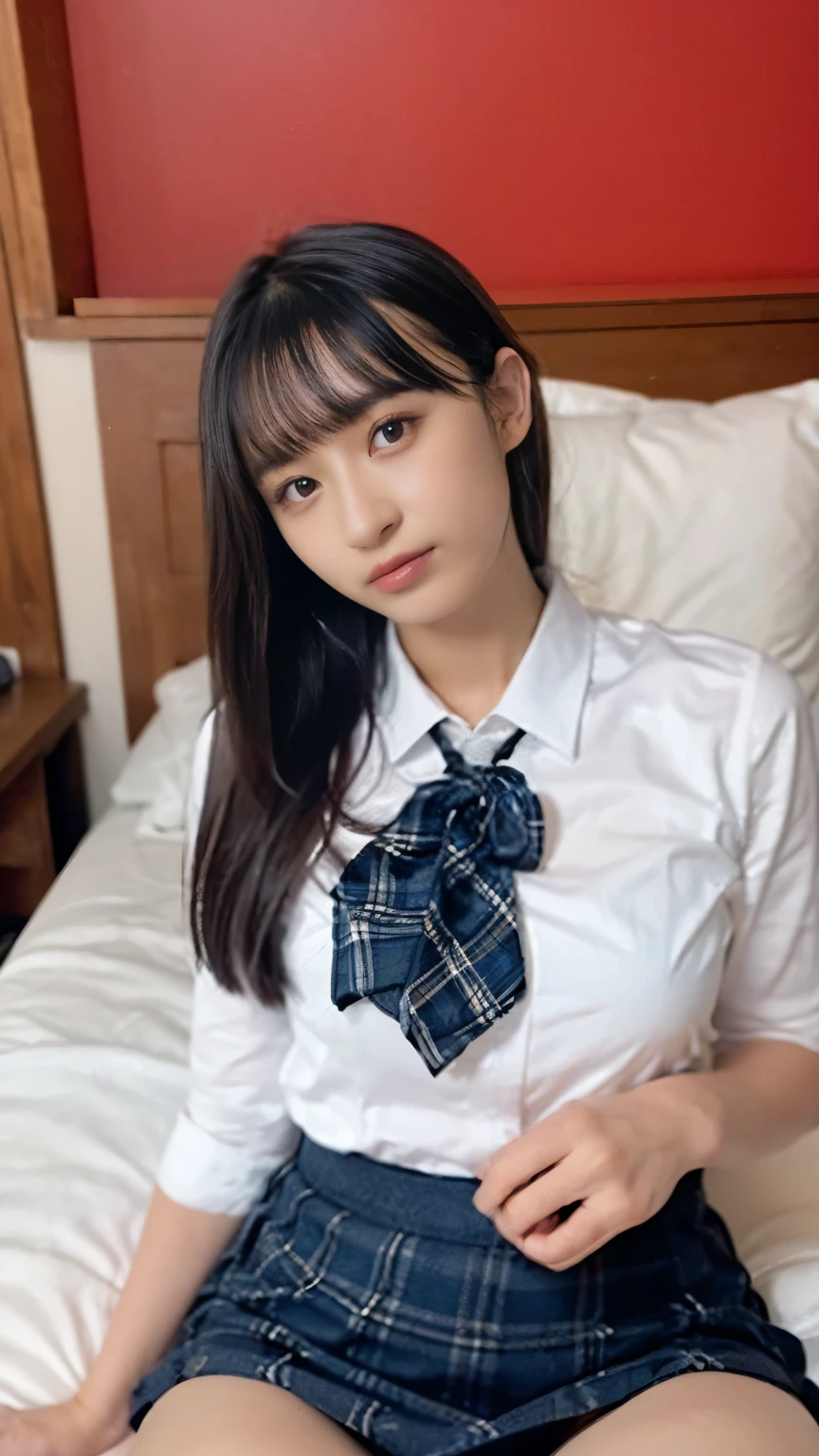 High resolution、High resolution、masterpiece、alone、Natural body shape、White skin、Natural Makeup、Black Hair、bangs、Straight Long Hair、、(expensive 、barefoot、White blouse、blue plaid pleated skirt)、、(Spread your legs:1.3)、((The upper body is wearing a uniform))、(((((Looking into the camera)))))、(((whole body)))、(((Exposing your thighs)))、Bedroom、On the bed、Sitting、((Focus on the crotch))