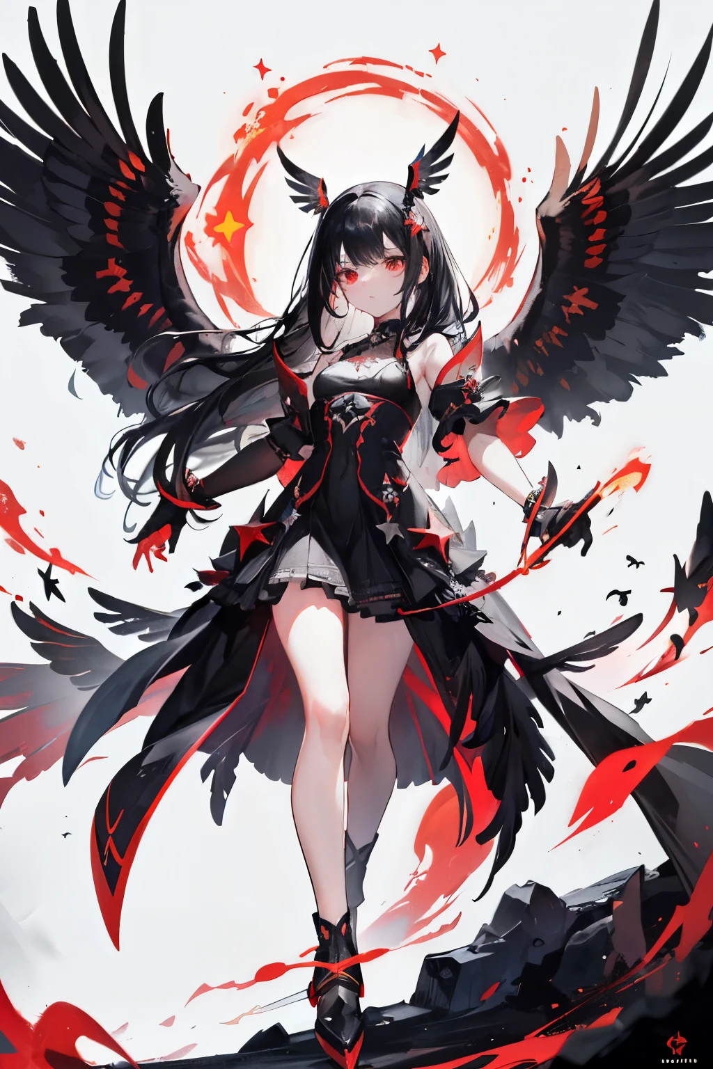 girl,Long Black Hair,masterpiece, highest quality, Super detailed, Downcast eyes,Tabletop, highest quality), (Perfect athletic body:1.2),8K High Resolution, Trend Art Station, White Background, Standing in the Wilderness,whole body、Crow-shaped gauntlets、Small breasts、, As if smoke and shadows were given shape, Wings made from giant crows, Dancing crow feathers, Many glowing red eyes, Shadow Claw, Supernatural Lightning and Fire, ((Eight-pointed star symbol)), 8K High Resolution, Trend Art Station, White Background, whole body,Black frilly dress made of crows