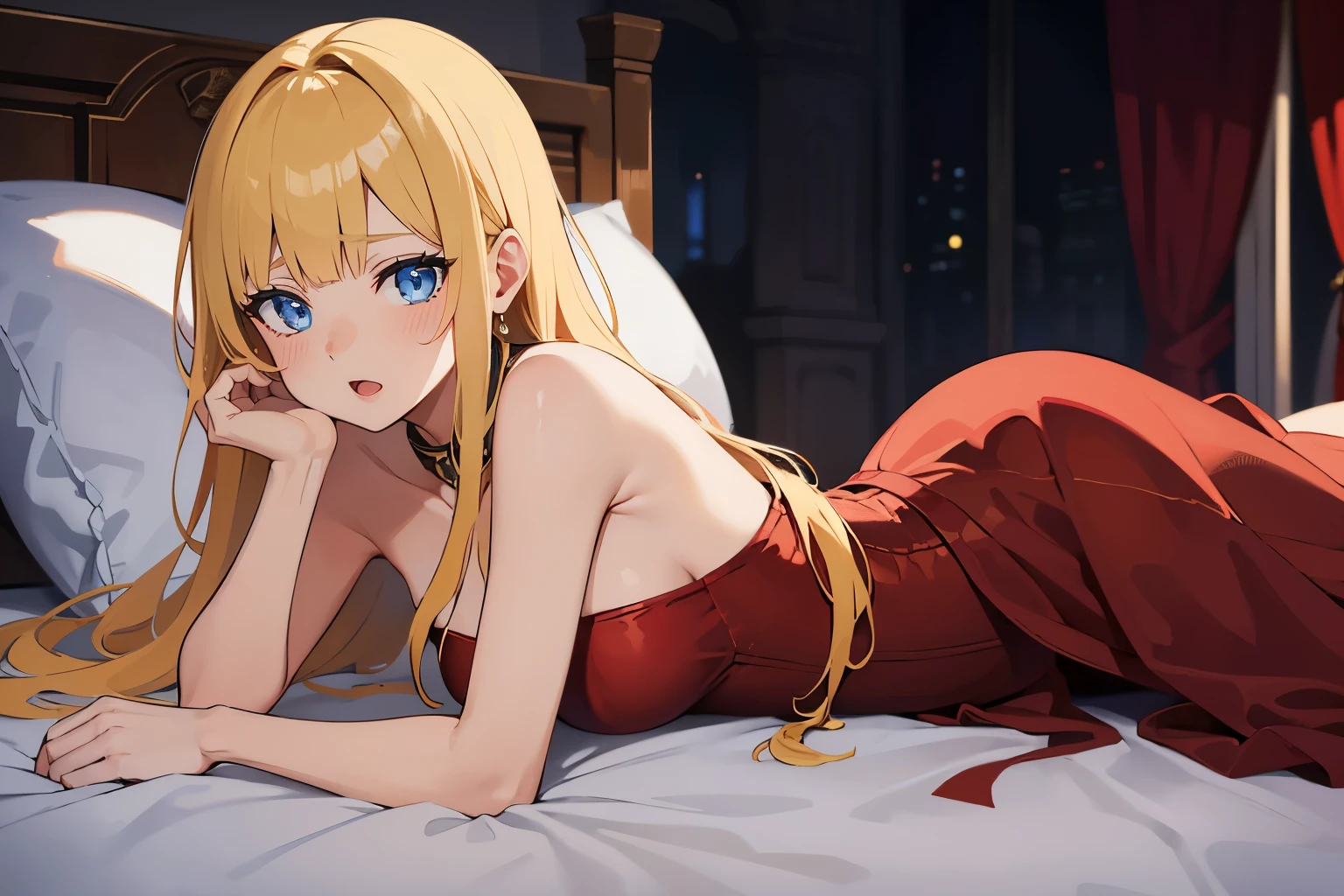 Safe for work, masterpiece, best quality, solo, 1 girl, facing forward, looking at camera, (young female body:1.4), ( medium small breasts), golden yellow hair, extra long hair, blunt bangs, crystal blue eyes, very detailed eyes, luxourius bedrrom background, on bed, white bedsheets, holding pillow, arched back, strapless dress, long dark red gown, long dark red red dress, aehego, Lying on stomach, collar, elbows on bed, leaning forward, spreading legs, dark red dress