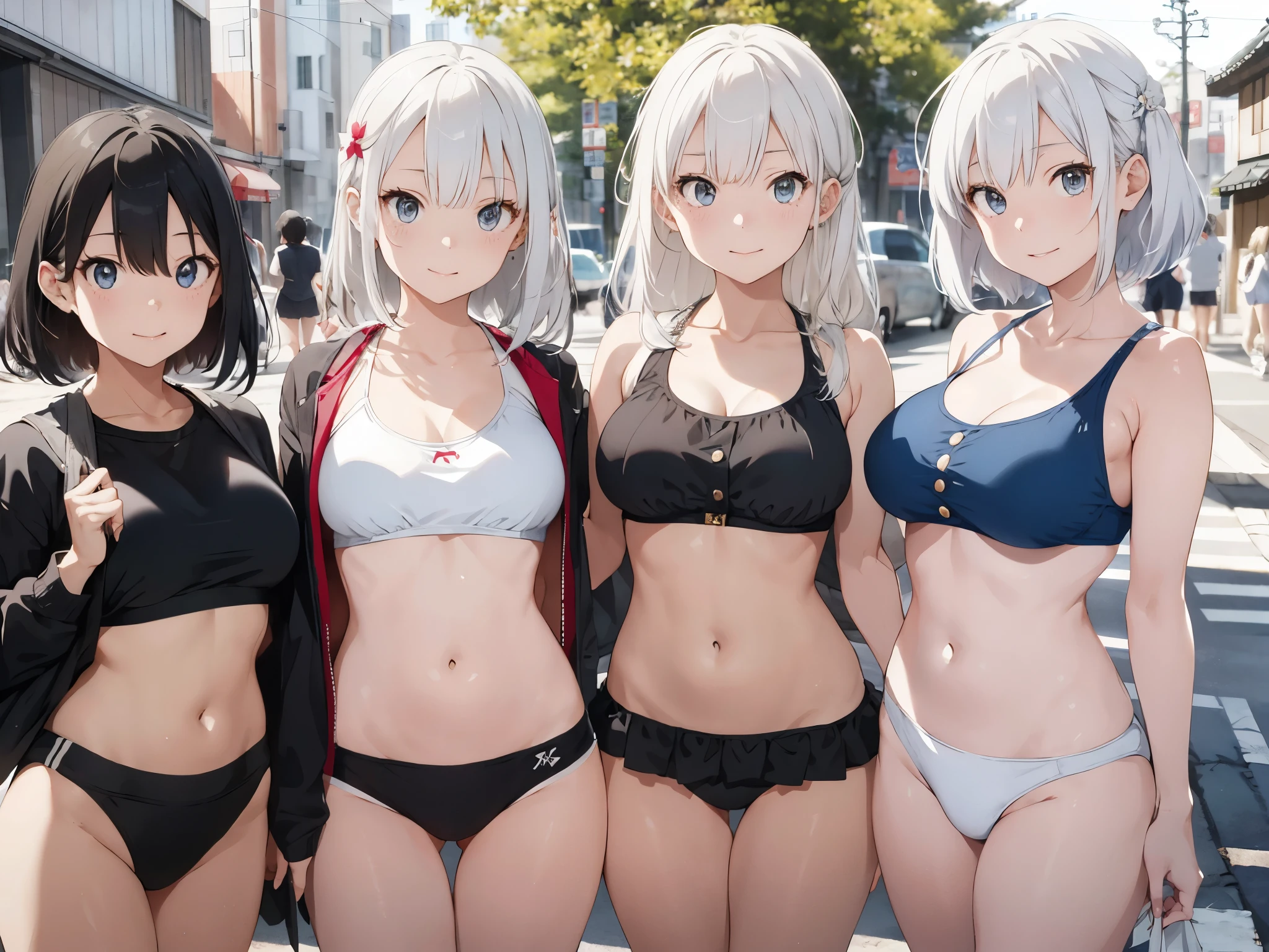White-haired girl drawn in high resolution Japanese anime style、Group of women taking photos in bikinis, Bikini Model, , A young and cute gravure idol, Posing together in a bra, Russian and Japanese mix, sakimichan, Asian woman, Wear a swimsuit, that'that'that'that'that'that'that'that'that'that'It's hot with the shining sun, Japanese Model, Cute Core, sakimichan hdri, Young Gravure Idol, Chubby
