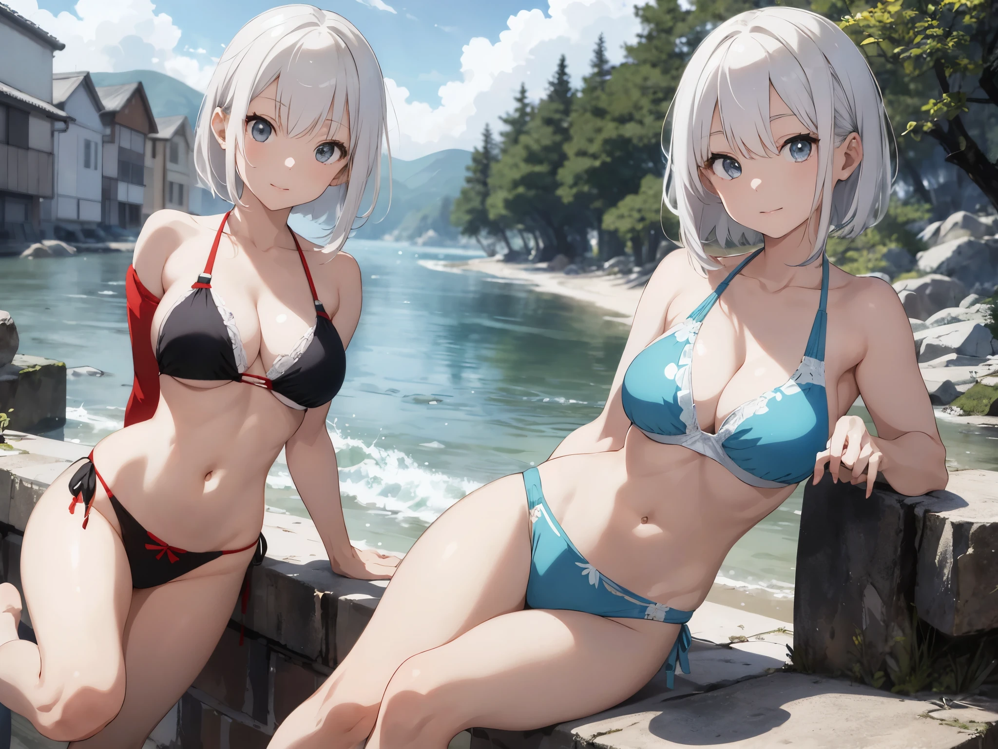 White-haired girl drawn in high resolution Japanese anime style、Group of women taking photos in bikinis, Bikini Model, , A young and cute gravure idol, Posing together in a bra, Russian and Japanese mix, sakimichan, Asian woman, Wear a swimsuit, that'that'that'that'that'that'that'that'that'that'It's hot with the shining sun, Japanese Model, Cute Core, sakimichan hdri, Young Gravure Idol, Chubby
