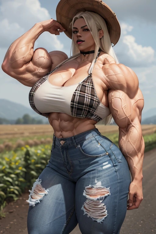((((Massive, tall, beautiful, buff, muscular light brown skinned woman with white hair, black lipstick, ginormous bulky muscles, and wearing a white plaid bra and tight denim pants)))), ((farmer hat)), (close view), black eyeliner, massive muscle, massive biceps, hyper muscle triceps, ((long straight hair)), blue eyes, (cowboy boots and spurs), in a heavy raining cornfield, nighttime, sensual smile, (hyper muscles arms), hyper muscle legs, (((massive buff arms)))