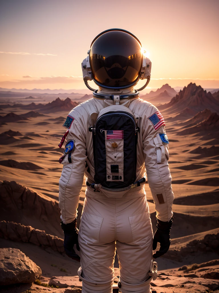 From behind, (best quality, masterpiece, highest detailed), (photorealistic:1.2), raw photo, (astronaut), a man in an astronaut suit stands with his back to the viewer, looks into the distance, stands on a rock, Martian landscape, red sky, space, dark lighting  , epic photo,  (vibrant color), (intricate details), exposure blend, bokeh, dim light, (hdr:1.4), high contrast, (muted colors, dim colors, soothing tones:1.3), low saturation, morbid