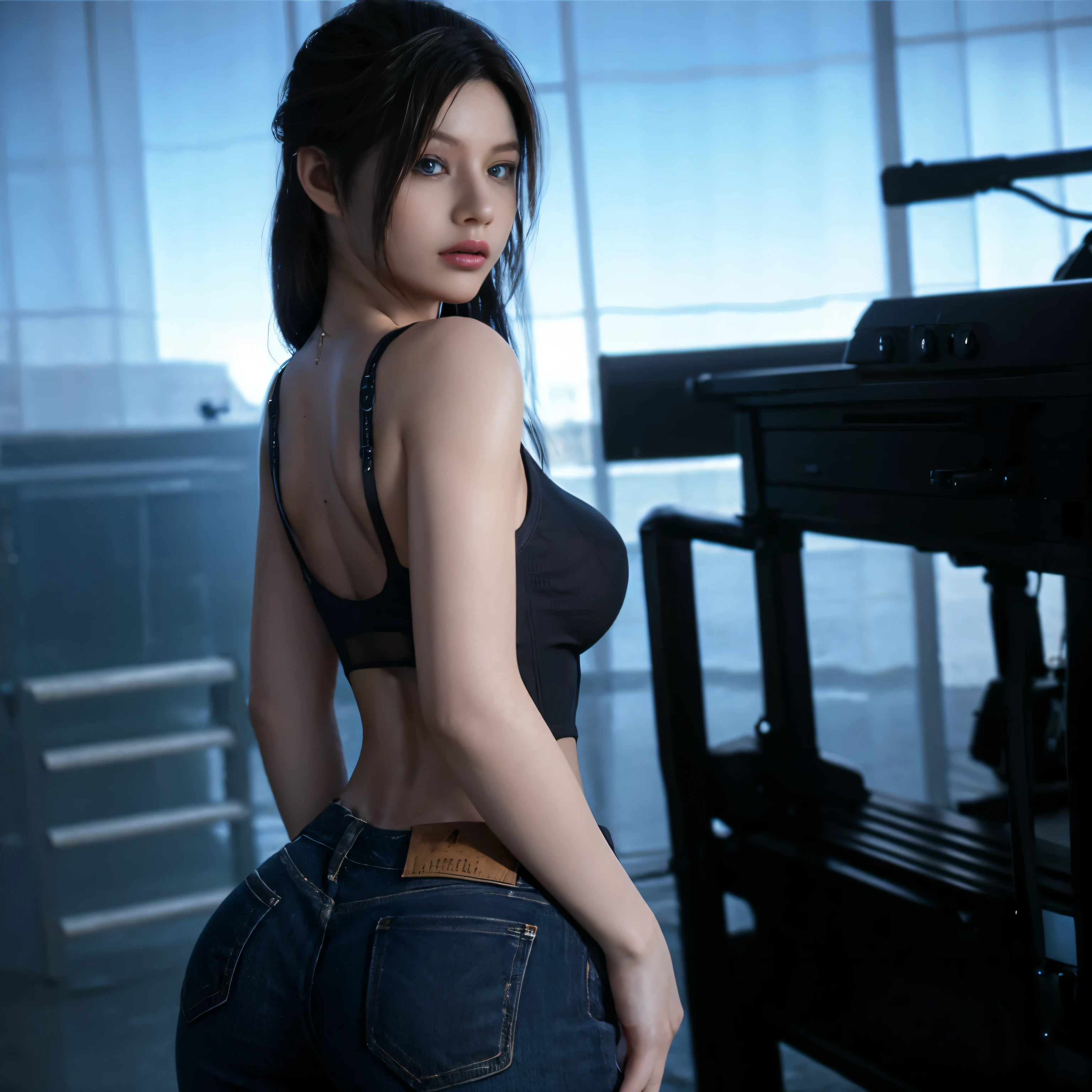 Skinny black camisole , Skinny blue jeans, retreat, outdoor, yes