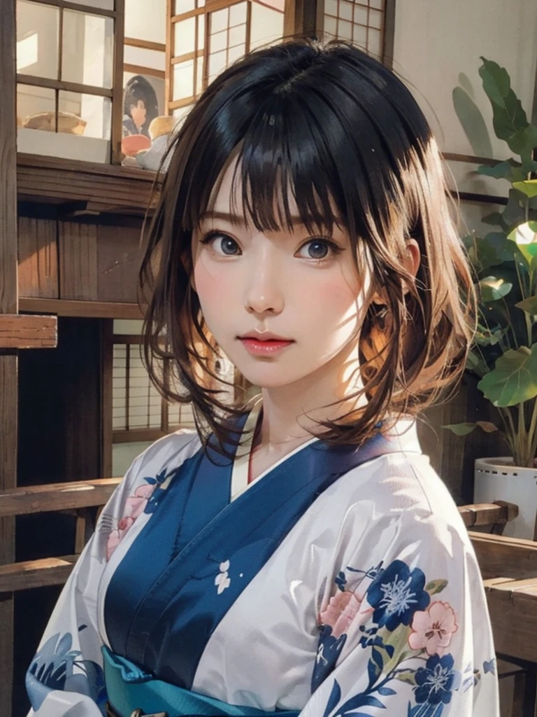 (highest quality、8k、32k、masterpiece)、(masterpiece, up to date,Exceptional:1.2), Anime, One girl,Front hair,black_hair, Beautiful 8k eyes,Looking_in_Audience,One person in,Are standing,((Very beautiful woman, Fuller lips, Japanese pintern kimono))、((Colorful Japanese kimono)))、(((Medium Shot)))、Blunt bung、(High resolution)、Very beautiful face and eyes、1 girl 、Round and small face、Narrow waist、delicine body、(highest quality high detail Rich skin details)、(highest quality、8k、Oil paints:1.2)、Very detailed、(Realistic、Realistic:1.37)、Bright colors、(((blackhair)))、(((longhair)))、(((cowboy pictures)))、((( Inside an old Japanese house)))、(masterpiece, highest quality, highest quality, Official Art, beautifully、aesthetic:1.2), (One girl), Very detailedな,(Fractal Art:1.3),colorful,Most detailed,Sengoku period(High resolution)、Very beautiful face and eyes、1 girl 、Round and small face、Tight waist、Delicine body、(highest quality high detail Rich skin details)、(highest quality、8k、Oil paints:1.2)、(Realistic、Realistic:1.37)、Greg Rutkowski Written by Alphonse Mucha Ropp, pink lip
