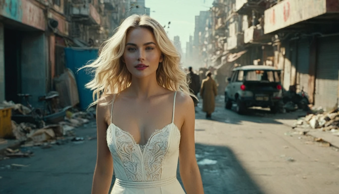 high angle camera view from above, cinematic wide angle full body shot of a short white dressed stylish european long blonde wavy haired woman walks down a street of a cyberpunk megacity at daytime after a nuclear war in a futuristic Dystopian city. Happy smiling face. Blue sky and the sun shines. Consistent structure and movement of the character, static 3D environment, consistent structure of the buildings. Both sides of the pedestrian street are very full of garbage, with overturned bins full of waste that have not been emptied for weeks. some people walking in the background. Garbage mounds towers in front of the houses. Filthy dump on the street all around. Dystopian megacity, Chaotic, end of the world atmosphere. Dirt and filth is everywhere. She wears a short two piece white silk lace dress. She has stylish make up and luxury hair style. Highly detailed facial features, full lips, upturned nose, best smile, realistic perfect eyes and face. Photorealistic body and face, highly detailed shiny hair and skin. She walks confidently and casually. Sharp focus, depth of field, lifelike textures, best shadows, best quality. Realism, photorealism, hyperrealism, vintage muted color tones, lomochrome, natural lights, cinematic lighting, contrast lighting, best quality, insanely intricate details, hdr, uhd 8k, 35 mm film, analog,((1970s movie style)), retro, vintage color grading,Award - winning photograph, Masterpiece, 16k,hyper detailed,sfumato, chiaroscuro, beautiful woman, perfect face, rule of thirds, highly detailed hair, ((detailed face)), ((detailed facial features)), (finely detailed skin), pale skin, intricate details, amazing fine detail, neutral colors, Soft front light,cinematic lighting, dramatic lighting,dappled light on face, backlight on hair, sharp focus, wide angle, film grain, dslr, raw photo, photographed on Nikon

