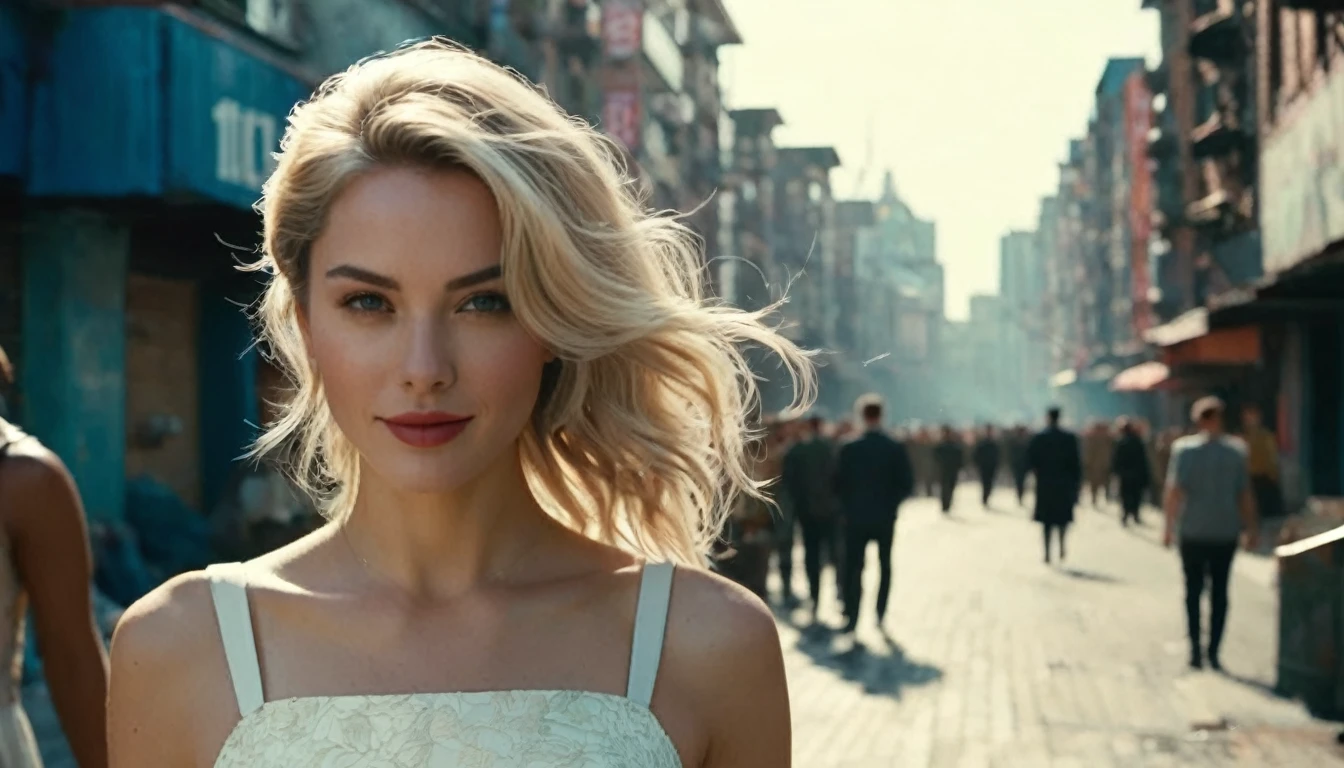 high angle camera view from above, cinematic wide angle full body shot of a short white dressed stylish european long blonde wavy haired woman walks down a street of a cyberpunk megacity at daytime after a nuclear war in a futuristic Dystopian city. Happy smiling face. Blue sky and the sun shines. Consistent structure and movement of the character, static 3D environment, consistent structure of the buildings. Both sides of the pedestrian street are very full of garbage, with overturned bins full of waste that have not been emptied for weeks. some people walking in the background. Garbage mounds towers in front of the houses. Filthy dump on the street all around. Dystopian megacity, Chaotic, end of the world atmosphere. Dirt and filth is everywhere. She wears a short two piece white silk lace dress. She has stylish make up and luxury hair style. Highly detailed facial features, full lips, upturned nose, best smile, realistic perfect eyes and face. Photorealistic body and face, highly detailed shiny hair and skin. She walks confidently and casually. Sharp focus, depth of field, lifelike textures, best shadows, best quality. Realism, photorealism, hyperrealism, vintage muted color tones, lomochrome, natural lights, cinematic lighting, contrast lighting, best quality, insanely intricate details, hdr, uhd 8k, 35 mm film, analog,((1970s movie style)), retro, vintage color grading,Award - winning photograph, Masterpiece, 16k,hyper detailed,sfumato, chiaroscuro, beautiful woman, perfect face, rule of thirds, highly detailed hair, ((detailed face)), ((detailed facial features)), (finely detailed skin), pale skin, intricate details, amazing fine detail, neutral colors, Soft front light,cinematic lighting, dramatic lighting,dappled light on face, backlight on hair, sharp focus, wide angle, film grain, dslr, raw photo, photographed on Nikon
