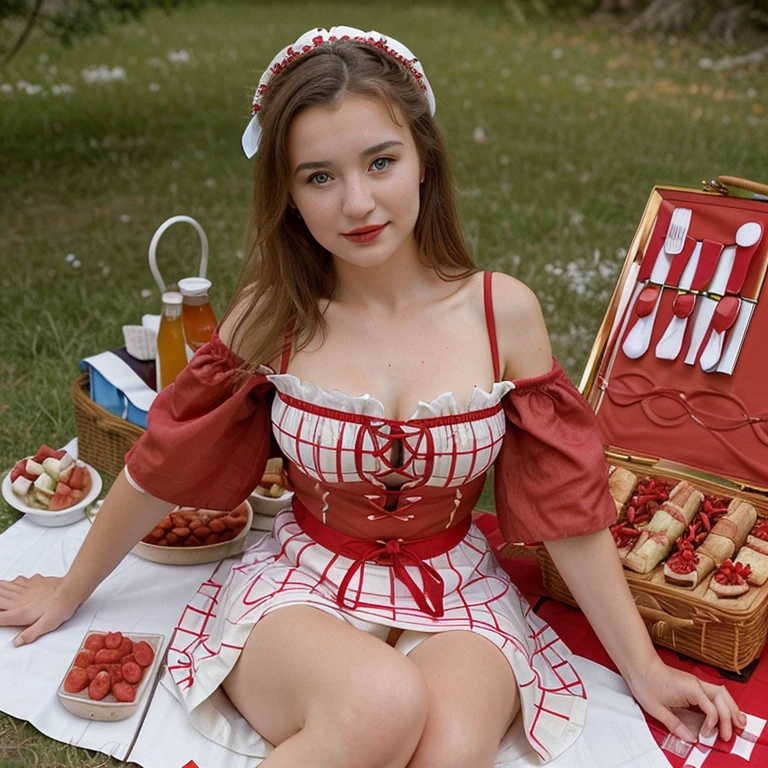 Beautiful woman, 20 years, 🇭🇷 Croatia, dressed in traditional clothing, red and white picnic table style dress