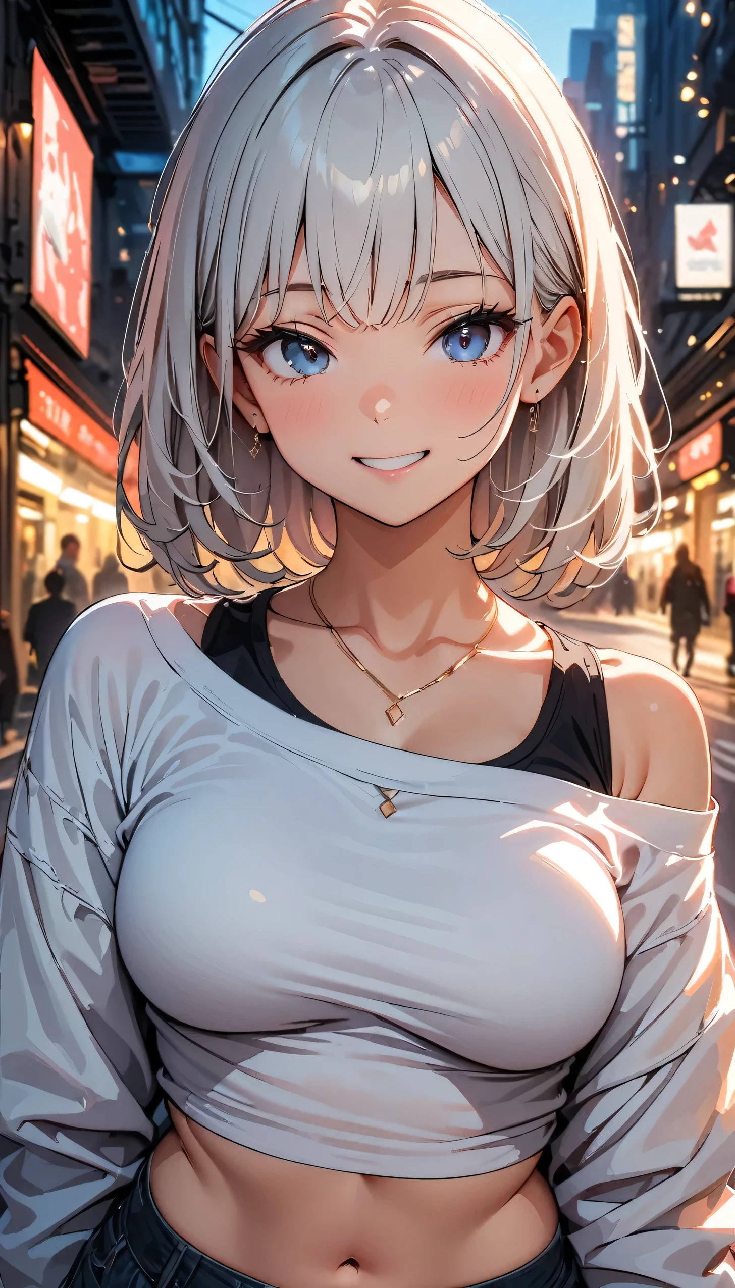 RAW Photos, Looking into the camera, ((highest quality, 8k, masterpiece:1.3)), Sharp focus: 1.2, Beautiful Features, The best smile, Cute Smile, Beautiful woman with perfect style:1.4, Slim Abs:1.2, Silver Hair, Tube top, Off the shoulder, Cropped tops, (Natural light, City Street: 1.1), Highly detailed face and skin texture, fine grain, double eyelid.