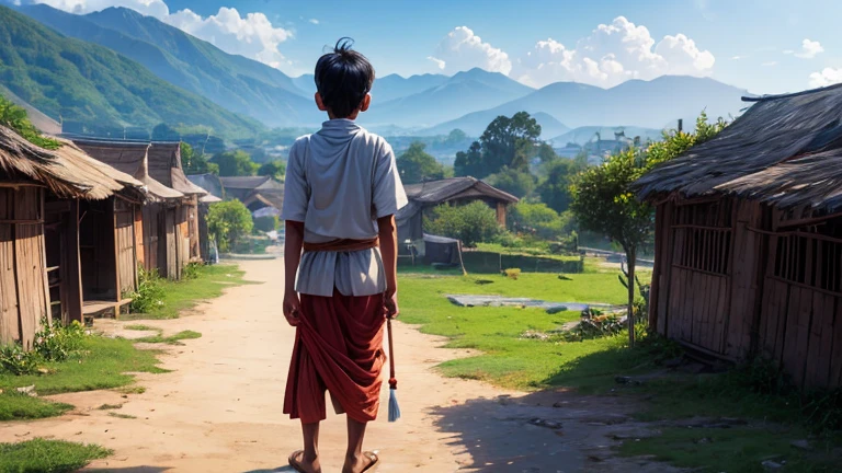  Indian village boy standing in village, backside view, ultra high detailed, 8k best quality 