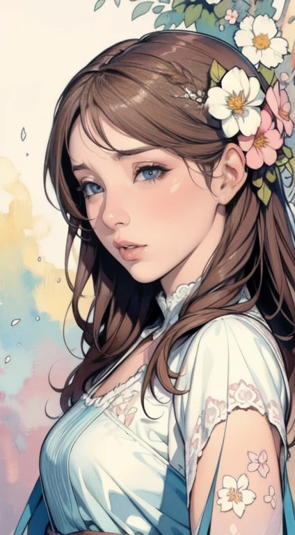Shows a highly detailed portrait of a full head with flowers in the hair in a rough sketch colored in watercolor, very fine eyes, beautiful eyes, perfectly centered image, Blank space around the drawing, Pay attention to the face line, dripping watercolor, ink outline, Art by Carne Griffiths and Alphonse Mucha, 32K resolution, best possible quality, like a doll