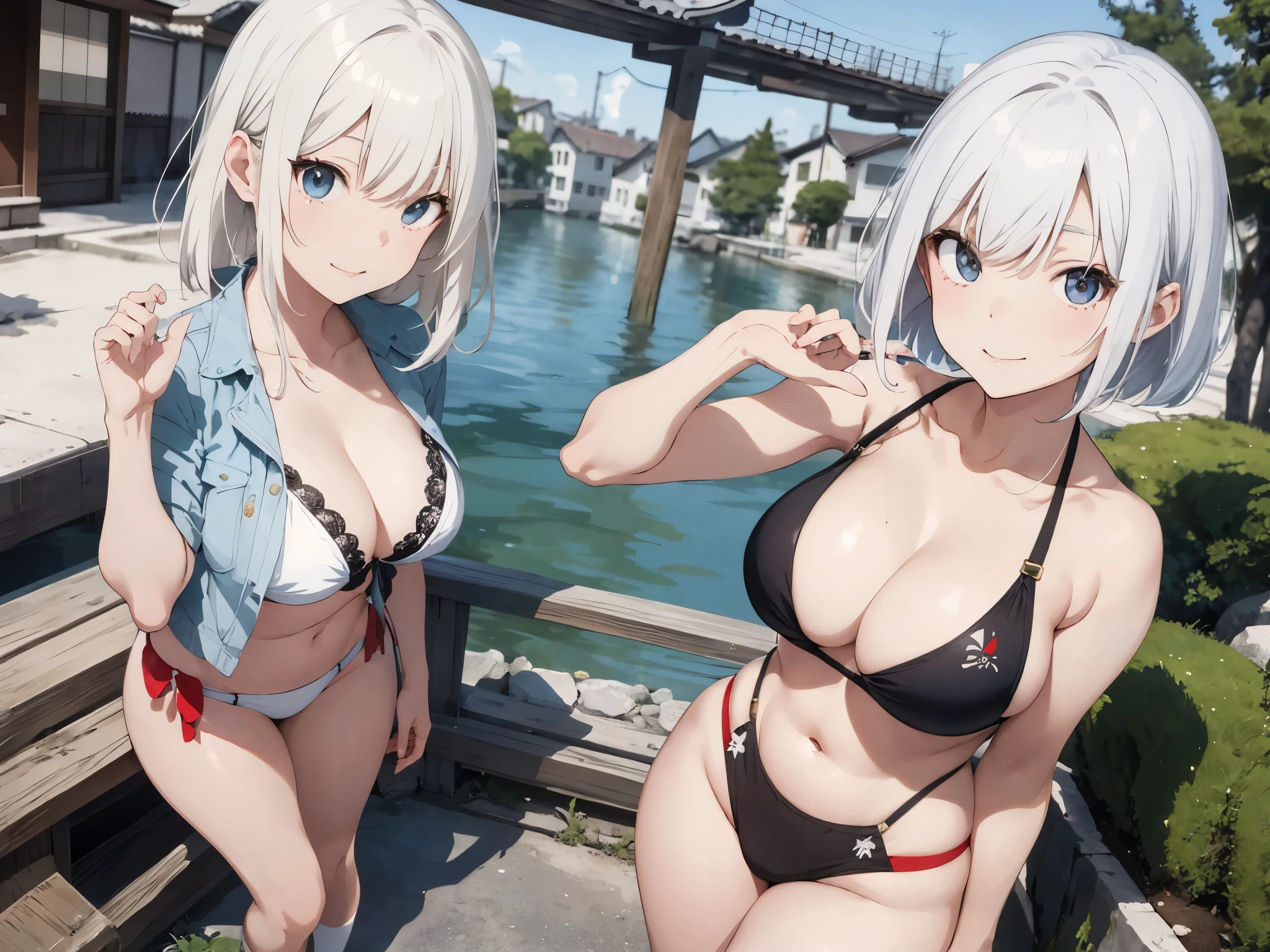 White-haired girl drawn in high resolution Japanese anime style、Group of women taking photos in bikinis, Bikini Model, , A young and cute gravure idol, Posing together in a bra, Russian and Japanese mix, sakimichan, Asian woman, Wear a swimsuit, that'that'that'that'that'that'that'that'that'that'It's hot with the shining sun, Japanese Model, Cute Core, sakimichan hdri, Young Gravure Idol, Chubby