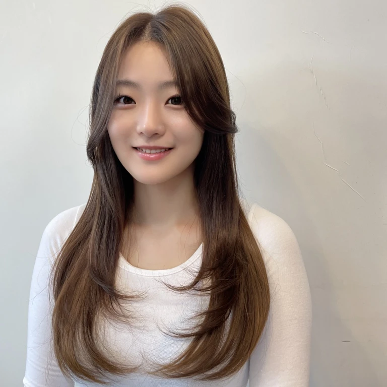 Best Quality, 8k, Masterpiece, (Portrait: 1.3), (photo realistic:1.4), (hyper realistic:1.4), Sharp Focus, looking at viewer, (smoother lighting:1.1), (increase cinematic lighting quality:0.9), realistic lighting, backlighting, light on face, ray trace, (brightening light:1.2), (Increase quality:1.4), sharp detail, (best quality real texture skin:1.4), finely detailed eyes, black_eyes, finely detailed face, 25 year old Korean woman, smiling_face