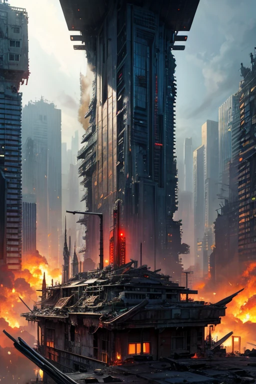 highest quality、A ruined futuristic city、dim、red、Surrealism