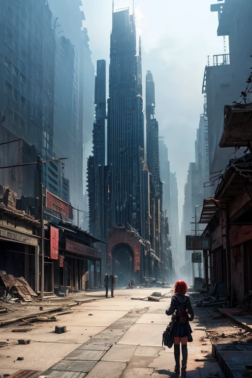 highest quality、A ruined futuristic city、dim、red、Surrealism