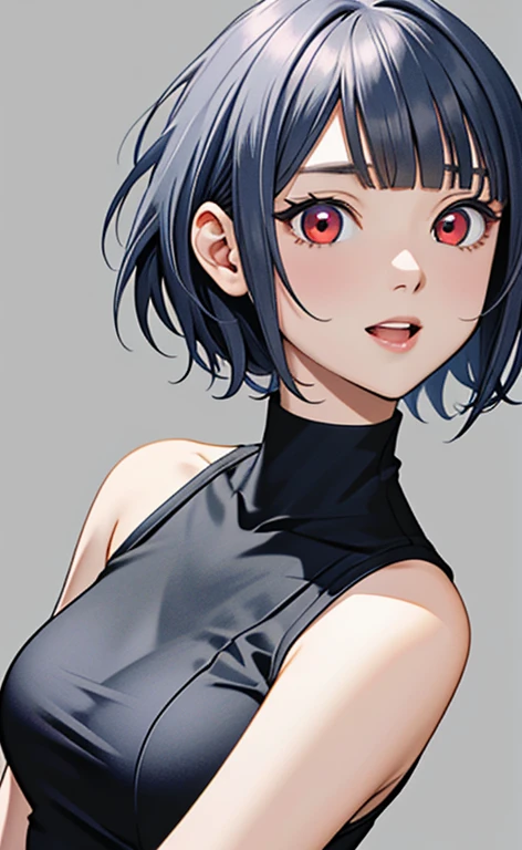 (masterpiece:1.4、top-quality、illustration)、(character focus、,upper body:1.3)、(face:1.5),(1girl),(laugh:1.2),(Beautiful eyes:1.4),cute face,(red eyes:1.3)、(tareme:1.3)、(crazy eyes),
),(stand:1.4),、(),(),
(blue grey hair),(short hair:1.5)、
,(),(sleeveless turtleneck china dress:1.5),
(blunt bangs),(sidelocks:1.3), (large breasts)、
、slender、zydG