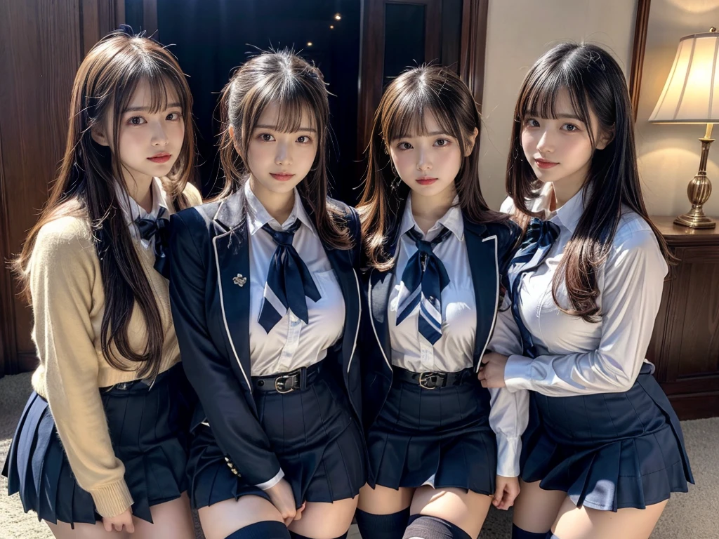 (8K, Raw photography, top-quality, ​masterpiece:1.2), master piece, best quality, illustration, Super detailed, fine details, High resolution, 8K,wall paper, perfect dynamic composition,(Details High quality, realistic depiction of eyes:1.3), ((2 girls, 2 schoolgirls)), The background is a luxury hotel room、High school girl uniform、blazer 、Super Short Check Uniform Skirt、Navy blue high socks、garterbelts、Colossal tits、Disturbed uniform, Play with each other,Touching each other's bodies,Touching the body of the girl next door, short bob hair, black hair color, huge breasts, Big Natural Color Lip, bold sexy pose, (perfect body shape), crying a little、cold gaze,  Beautiful makeup,glitter makeup,Cutest 18 years old, beautiful legs, hposing Gravure Idol, Voluptuous thighs