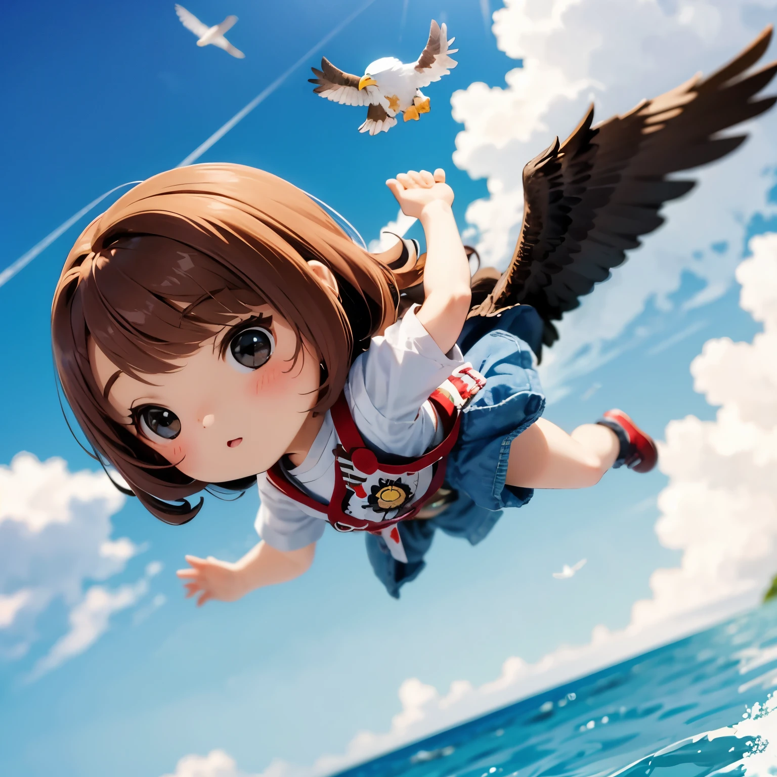 Photorealistic、Chibi Girl Doll（A  flying through the sky on the back of an eagle）