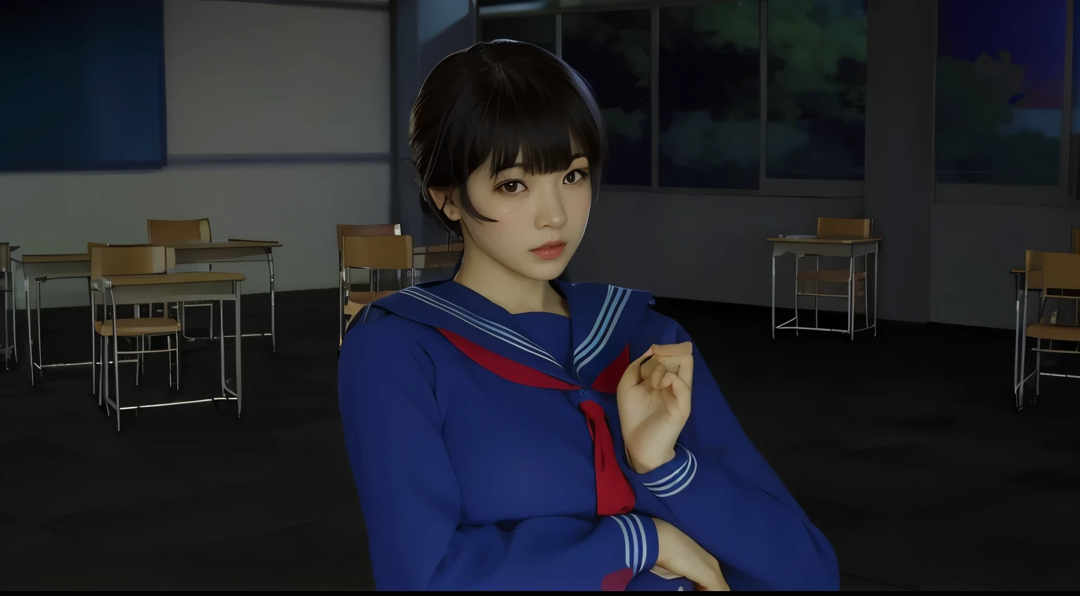 (Detailed CG、Unity、8k wallpaper)、(Very delicate and beautiful)、(masterpiece)、(highest quality:1.2)、(超A high resolution:1.3)、(Beautiful realistic Asian),Beautiful lighting、Perfect Lightning、Realistic Shadows、Fine skin、Very detailed、Detailed face and eyes、Realistic eyes、Sharp pupils、Huge , In the classroom、School、sunset、Beautiful Face、Blurred Background、(Japanese women)、Glowing Skin、Side Up、Beautiful black hair、Blunt bangs、Japan High School Sailor Uniform、Pleated mini skirt、Crying face ((Tabletop, highest quality)), (Glowing Skin), Cinema Lighting, Physically Based Rendering, Awards, Very detailedな肌, Very detailedな顔, Beautiful eyes in every detail, Carl Zeiss 85mm F/1.4, (Cowgirl:1.3), (cumin , Chest and thighs), she'Very cute 16 years old , (Brown Hair, Straight Long Hair, Open your eyes, Round face), Big cleavage, (Pure white dress, I pulled up my pleated skirt myself:1.3), Watching from afar, (Spread your legs, Focus on the thighs),art、Frowning、Frowning、