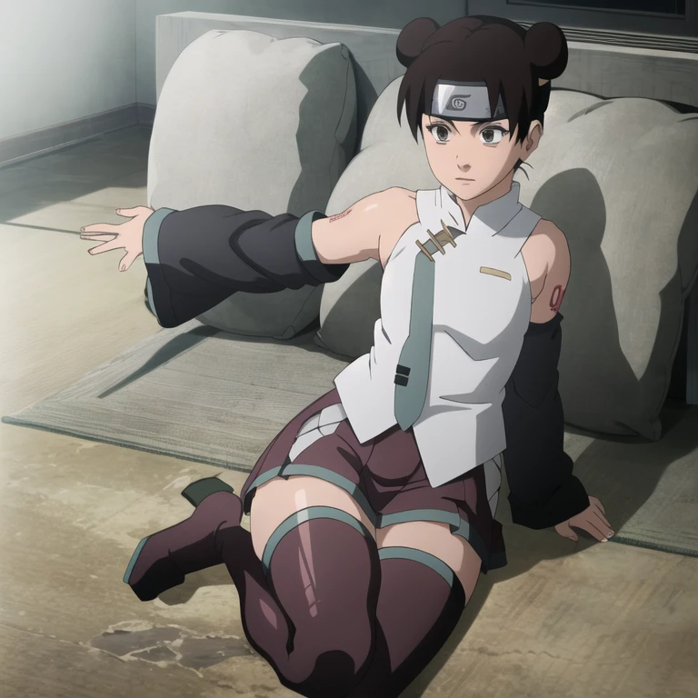 1girl, tenten\(shippuden\), miku outfit, sleeveless shirt, grey shirt, detached sleeves, necktie, arm tattoo, skirt, thighhighs, thigh boots