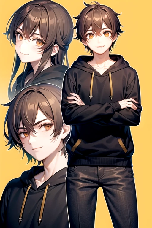 He has brown hair, orange eyes, and wears a cool black hoodie.。Smiling