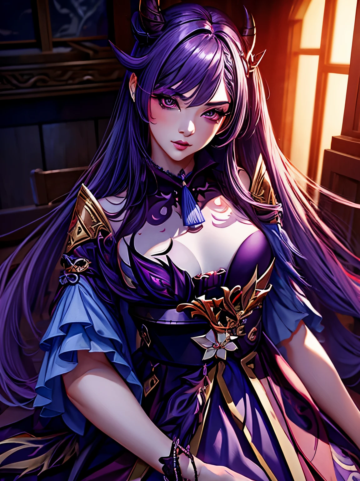 keqing genshin impact,horns,black wings,red and purple hair,purple and red dress,highly detailed,8k,photorealistic,dramatic lighting,fantasy art,digital painting,beautiful detailed eyes,beautiful detailed lips,extremely detailed face,long eyelashes,elegant pose,magical