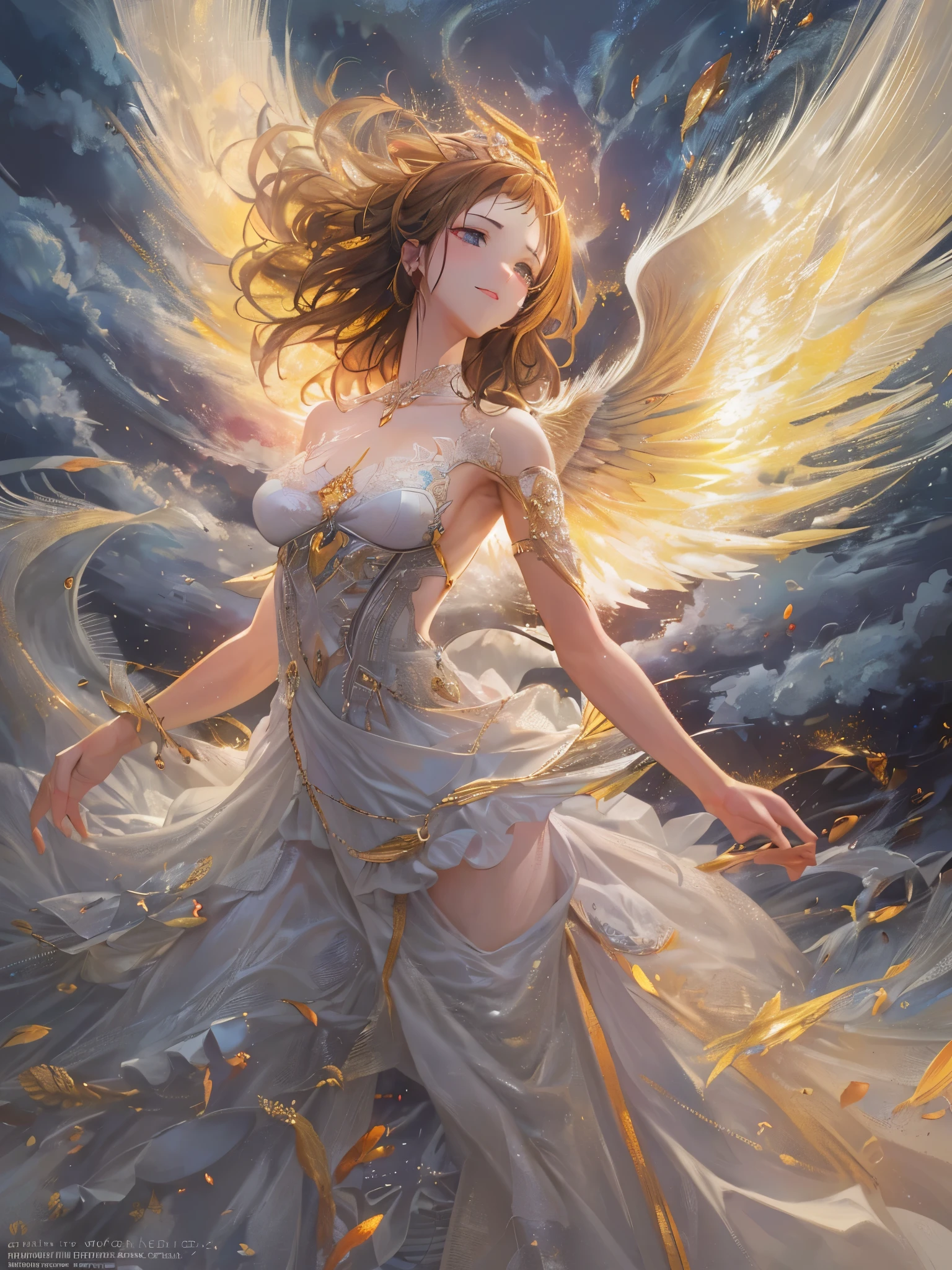 ((highest quality)),(Ultra-high resolution),(Super detailed new),(Detailed Description),((The best CG)),(A masterpiece),Ultra-detailed art,A wonderful new art form,(Art with precise detail:1.5), Light, A female angel descends