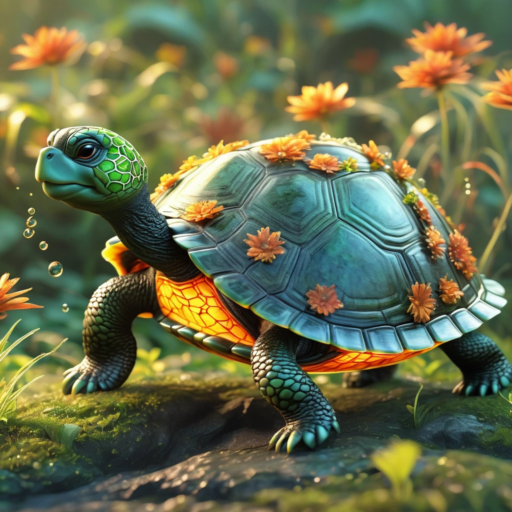 best quality, very good, 16K, ridiculous, Extremely detailed, Lovely(((turtle:1.3)))，Made of translucent boiling lava, Background grassland（（A masterpiece full of fantasy elements）））， （（best quality））， （（Intricate details））（8k）