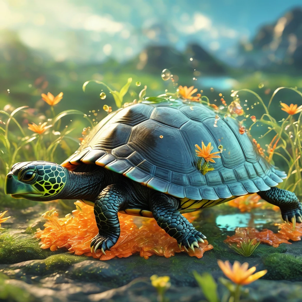 best quality, very good, 16K, ridiculous, Extremely detailed, Lovely(((turtle:1.3)))，Made of translucent boiling lava, Background grassland（（A masterpiece full of fantasy elements）））， （（best quality））， （（Intricate details））（8k）