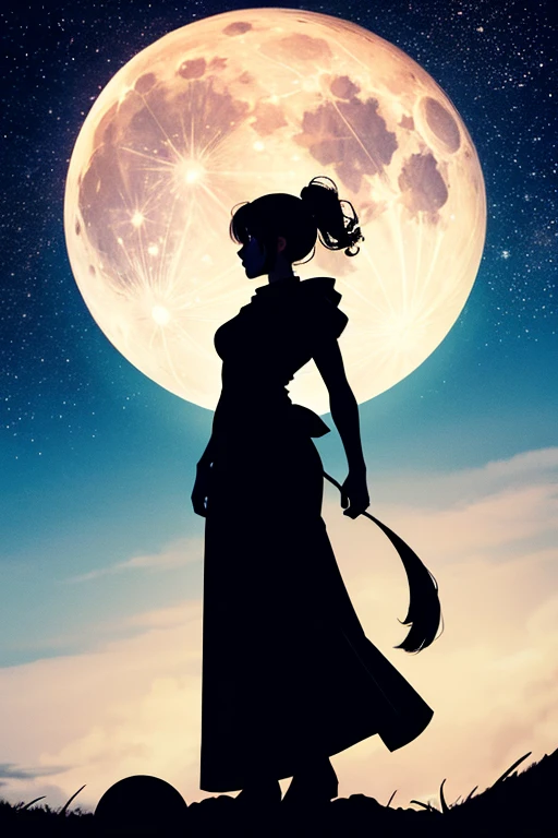 highest quality,Big moon and shadow,A silhouette of a person can be seen against the backdrop of a large moon.,There is one full moon,There is a mood,Beautiful scenery,Starry Sky