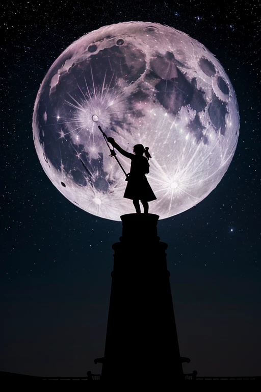 highest quality,Big moon and shadow,A silhouette of a person can be seen against the backdrop of a large moon.,There is one full moon,There is a mood,Beautiful scenery,Starry Sky