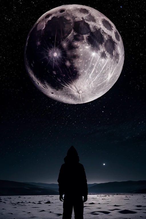 highest quality,Big moon and shadow,A silhouette of a person can be seen against the backdrop of a large moon.,There is one full moon,There is a mood,Beautiful scenery,Starry Sky