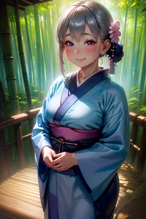 (high quality, High resolution, Fine details), Light shining through the bamboo forest, Indigo Kimono Break, alone, Curvy Women, Gray Hair, Sparkling eyes, (Fine grain:1.2), smile, blush, Sweat, Oily skin, Shallow depth of field, Soft pastel colors, Peaceful tranquility