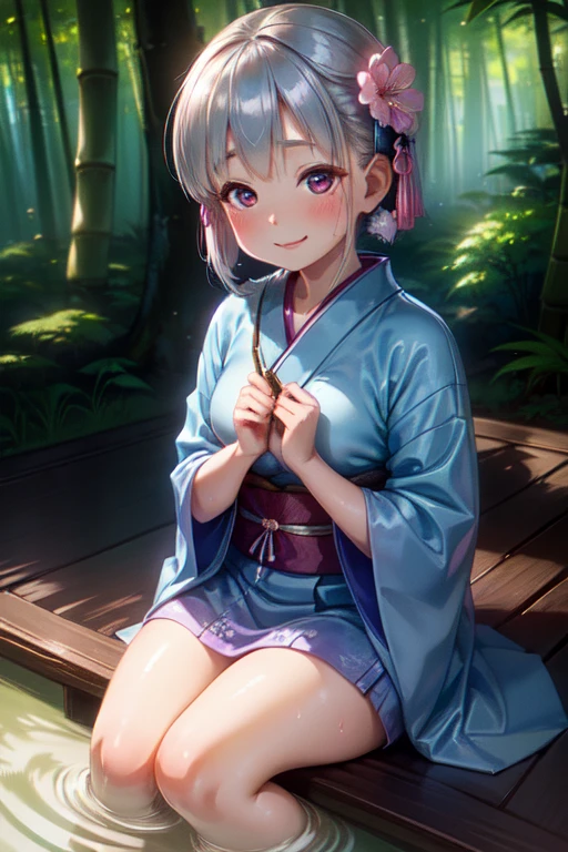 (high quality, High resolution, Fine details), Light shining through the bamboo forest, Indigo Kimono Break, alone, Curvy Women, Gray Hair, Sparkling eyes, (Fine grain:1.2), smile, blush, Sweat, Oily skin, Shallow depth of field, Soft pastel colors, Peaceful tranquility