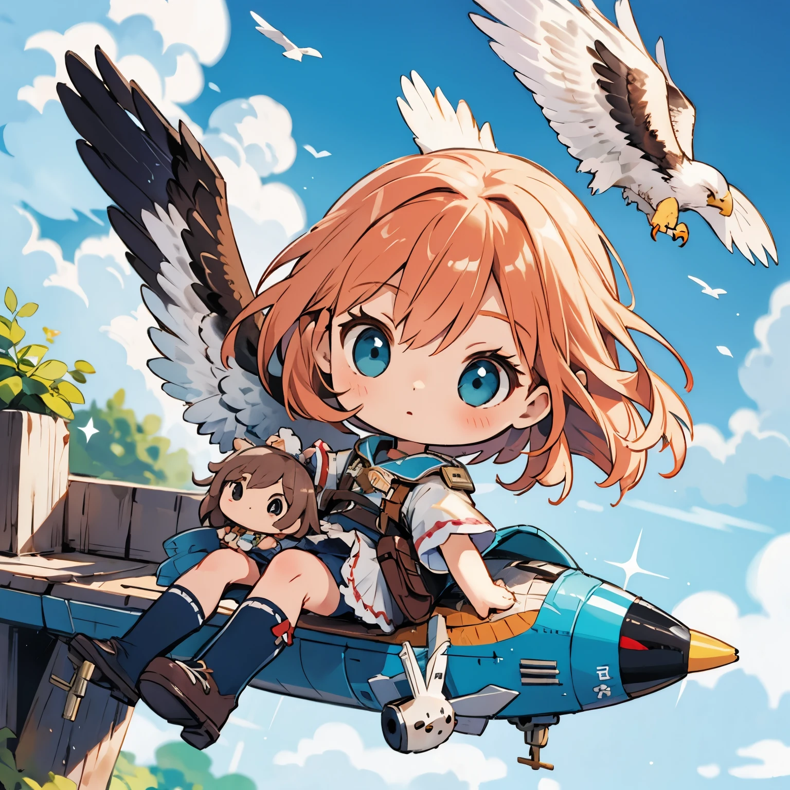 Photorealistic、Chibi Girl Doll(A flying through the sky on the back of an eagle)