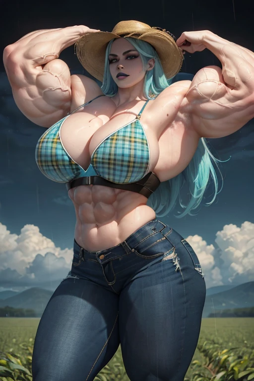 ((((Massive, tall, beautiful, buff, muscular pale white skinned woman with cyan hair, black lipstick, ginormous bulky muscles and wearing a cyan plaid bra and tight denim pants)))), ((cowboy hat)), (close view), black eyeliner, massive muscles, massive biceps, hyper muscle triceps, (long beachy hair), purple eyes, (cowboy boots and spurs), in a heavy raining cornfield, nighttime, sensual smile, (hyper muscles arms), hyper muscle legs, (massive arms)