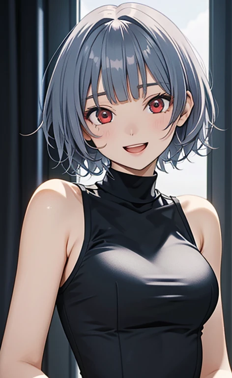 (masterpiece:1.4、top-quality、illustration)、(character focus、,upper body:1.3)、(face:1.5),(1girl),(Open mouth happy smile:1.2),(Beautiful eyes:1.4),cute face,(red eyes:1.3)、(tareme:1.3)、(crazy eyes:1.3),
),(stand:1.4),、(),(),
(blue grey hair),(short hair:1.5)、
,(),(sleeveless turtleneck china dress:1.5),
(blunt bangs),(sidelocks:1.3), (large breasts)、
、slender、zydG