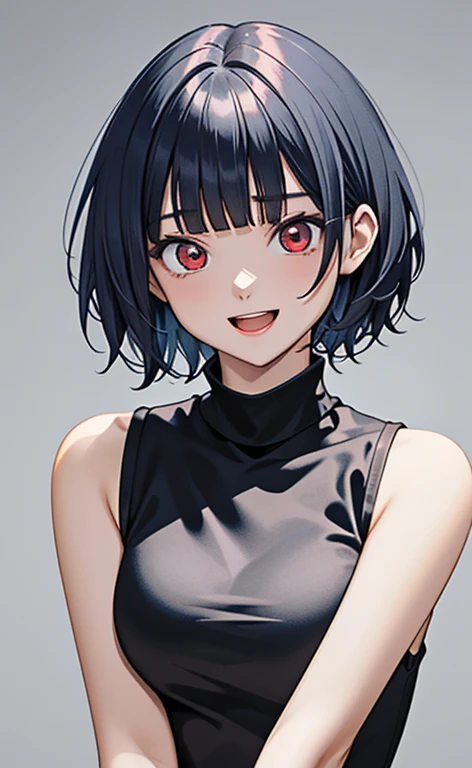 (masterpiece:1.4、top-quality、illustration)、(character focus、,upper body:1.3)、(face:1.5),(1girl),(Open mouth happy smile:1.2),(Beautiful eyes:1.4),cute face,(red eyes:1.3)、(tareme:1.3)、(crazy eyes:1.3),
),(stand:1.4),、(),(),
(blue grey hair),(short hair:1.5)、
,(),(sleeveless turtleneck china dress:1.5),
(blunt bangs),(sidelocks:1.3), (large breasts)、
、slender、zydG