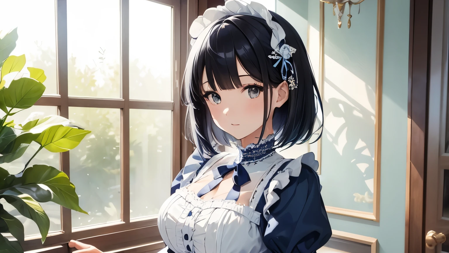 A beautiful woman wearing a blue and white sweet lolita dress with lots of frills and lace　Black bob with hair ornament　Upper Body　Big Breasts