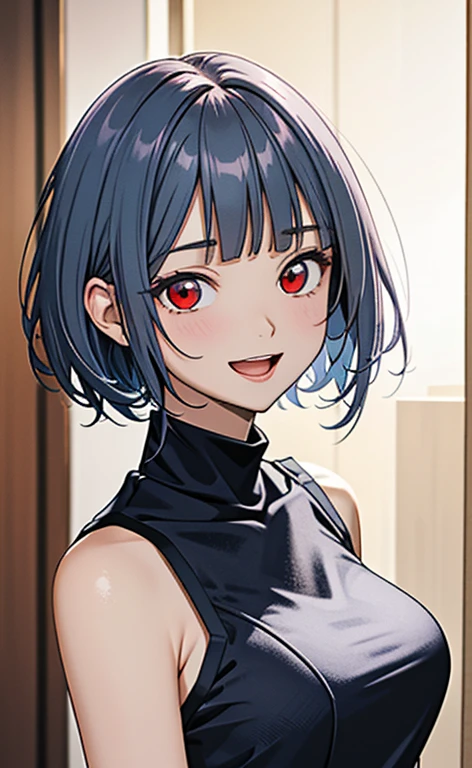 (masterpiece:1.4、top-quality、illustration)、(character focus、,upper body:1.3)、(face:1.5),(1girl),(Open mouth happy smile:1.2),(Beautiful eyes:1.4),cute face,(red eyes:1.3)、(tareme:1.3)、(dashed eyes:1.3),
),(stand:1.4),、(),(),
(blue grey hair),(short hair:1.5)、
,(),(sleeveless turtleneck china dress:1.5),
(blunt bangs),(sidelocks:1.3), (large breasts)、
、slender、zydG