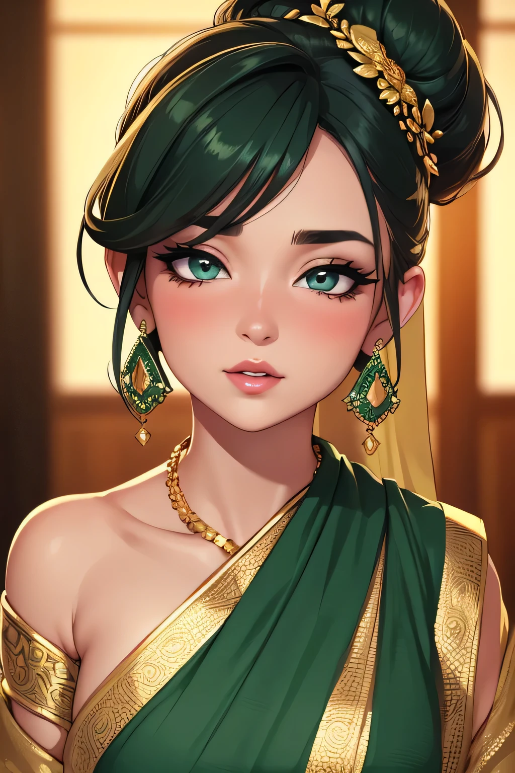 (best quality,ultra-detailed),portrait,sexy woman,beautiful face,detailed eyes and eyebrows,long eyelashes,emerald jewellery,grey eyes,fair skin,intense blushing,glossy lips parted,dark green blouse,dark green saree,gold patterns,emphasizing face,bun hairstyle