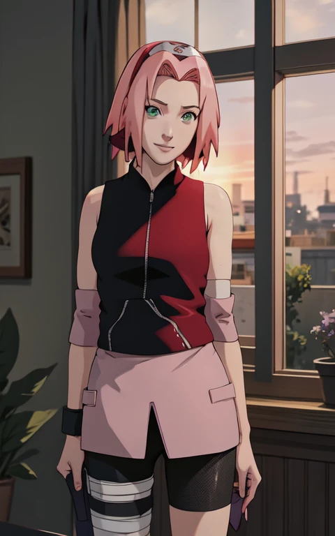 NARUTO_Sakura_Combat_ownwaifu,
1girl, haruno sakura, short hair, pink hair, green eyes, hair intakes, collarbone, forehead protector, headband, red hairband, konohagakure symbol,
bare shoulders, bandages, sleeveless, sleeveless shirt, sleeveless jacket, red shirt, red jacket, bike shorts, black shorts, leg wrap, bandaged leg, elbow pads, zipper, zipper pull tab,
((masterpiece)),((best quality)),(highres, absurdres), original, official_art, chromatic_aberration, bokeh, depth_of_field, window, wisteria, loaded_interior, skylight,  sunset, sunbeam, indoors, window_shade, window_blinds, curtains, potted_plant, focused, looking at viewer, solo, cowboy shot,