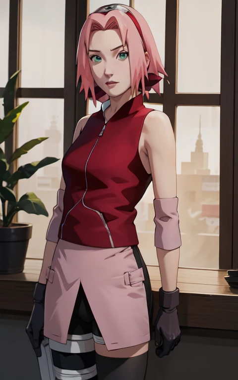 NARUTO_Sakura_Combat_ownwaifu,
1girl, haruno sakura, short hair, pink hair, green eyes, hair intakes, collarbone, forehead protector, headband, red hairband, konohagakure symbol,
bare shoulders, bandages, sleeveless, sleeveless shirt, sleeveless jacket, red shirt, red jacket, bike shorts, black shorts, leg wrap, bandaged leg, elbow pads, zipper, zipper pull tab,
((masterpiece)),((best quality)),(highres, absurdres), original, official_art, chromatic_aberration, bokeh, depth_of_field, window, wisteria, loaded_interior, skylight,  sunset, sunbeam, indoors, window_shade, window_blinds, curtains, potted_plant, focused, looking at viewer, solo, cowboy shot,