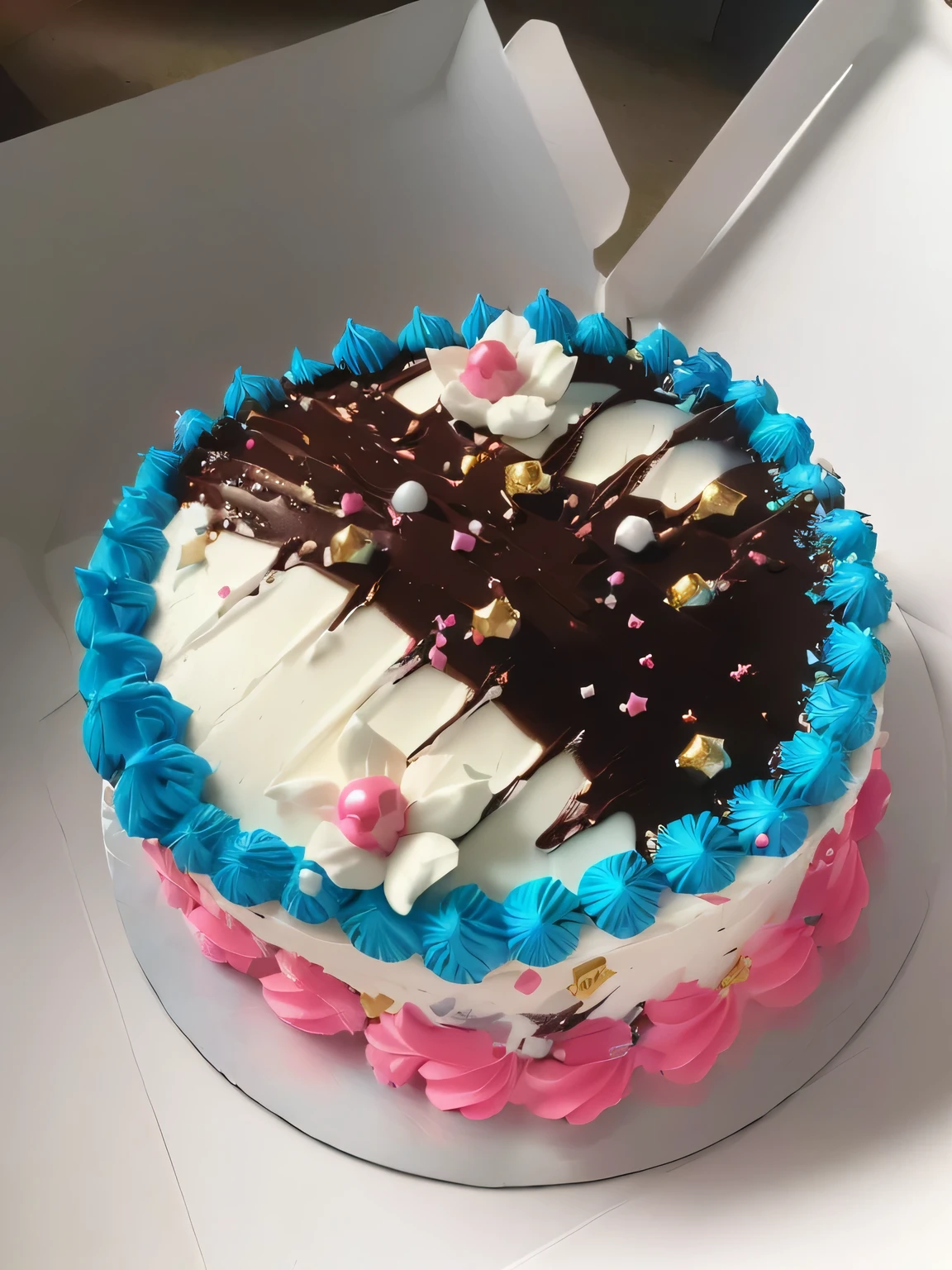 there is a cake with chocolate and white frosting on it, cakes, birthday cake, cake, cake art, the greatest cake, blue and pink, with sparkling gems on top, yummy, hight decorated, pink white turquoise, front side full, black forest, pink and blue colour, highly stylized, above view, fully decorated, profile close-up view
