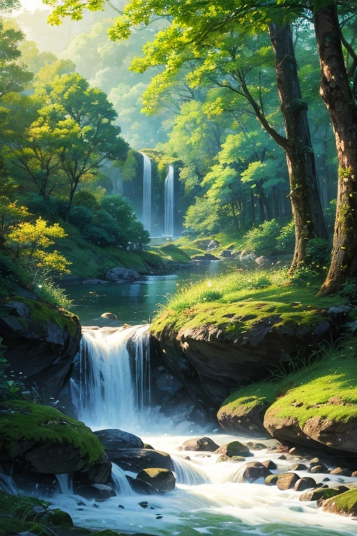 wood々A painting of a stream flowing through a lush green forest, Detailed painting 4k, 山 川 wood, anime landscape wallpapers, Beautiful Art UHD 4K, Anime countryside landscape, Detailed Landscape — Width 672, Beautiful digital painting, Highly detailed digital art in 4K, Beautiful anime scenery, 8k high quality detailed art, Anime Nature wallpap, Anime Nature